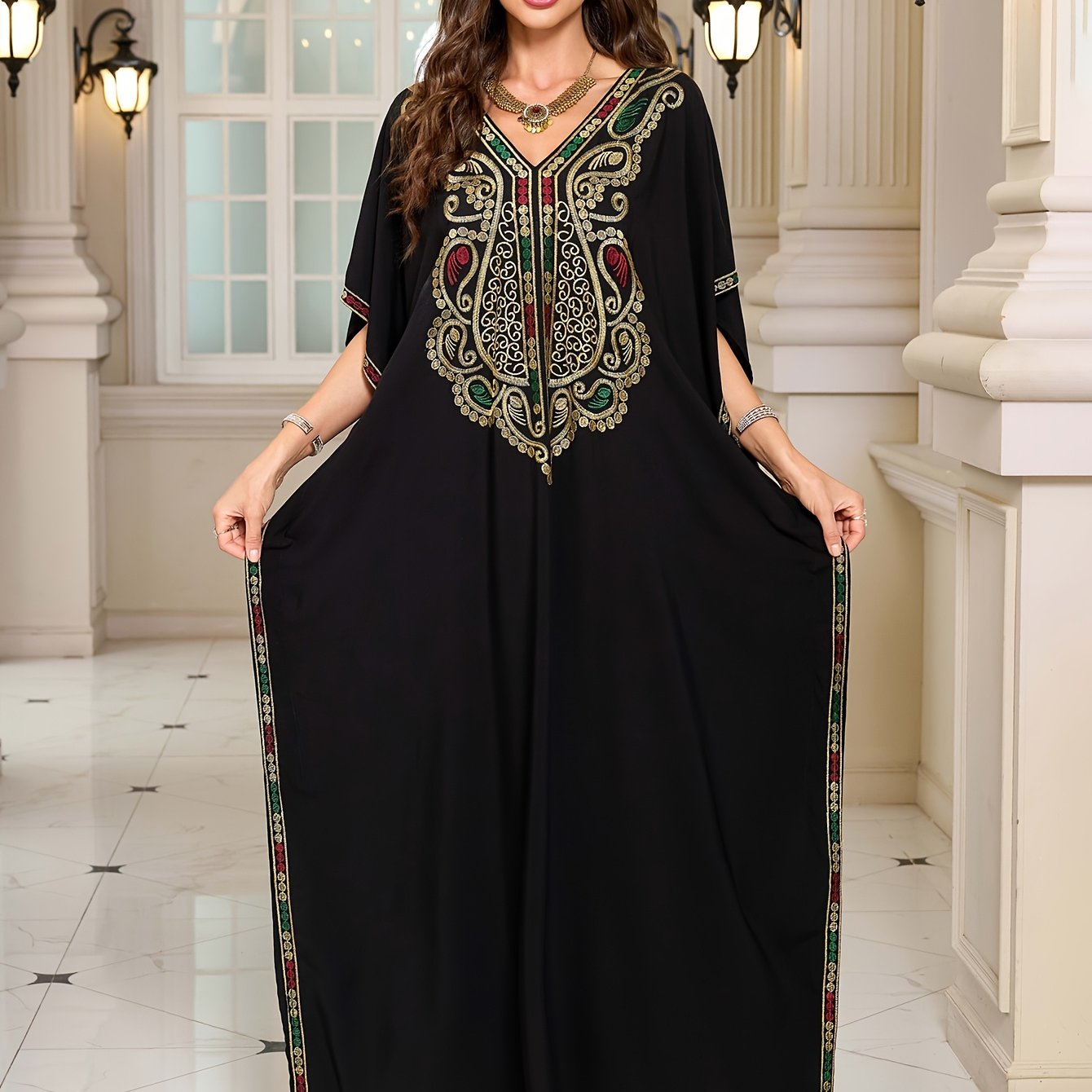 EDOLYNSA Sexy V-Neck Black Retro Colorful Embroidered Batwing Sleeve Elegant Dress Middle Eastern Fashion Loose Kaftan Long Robe Q1865