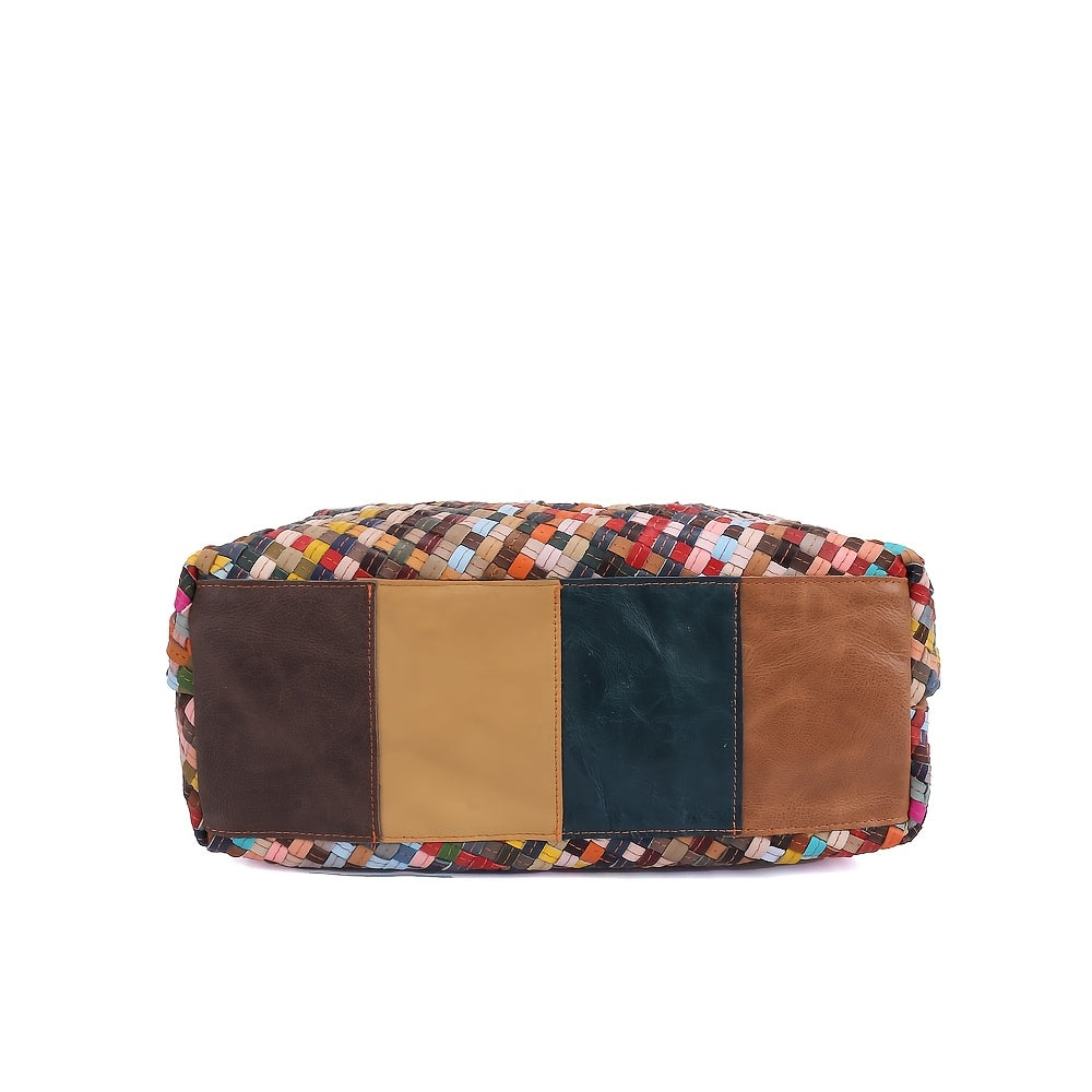 Genuine Leather Woven Women's Bag with Adjustable Crossbody Strap, Colorful Striped Design Options, Perfect for Casual or Formal Occasions