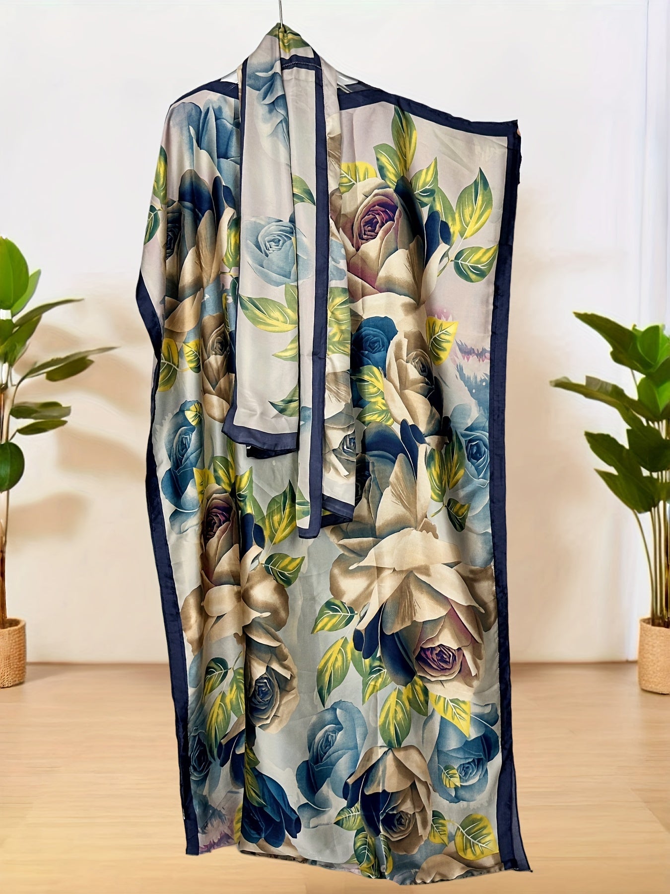 Elegant Plus Size Middle Eastern Kaftan Abaya with Scarf - Vibrant Geometric Floral Design, Soft Non-Stretch Fabric, Perfect for All Seasons, Available in Two Sizes (110g/㎡)