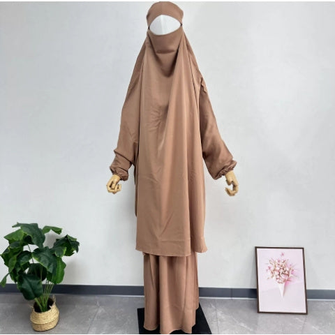 Plus Size, Women's 2pcs Islamic Abaya Prayer Dress & Hijab Set - Modest Turkish Kaftan with Long Flowing Batwing Sleeves, Boat Neck & Full Coverage, Loose Floor-Length Dress in Beige