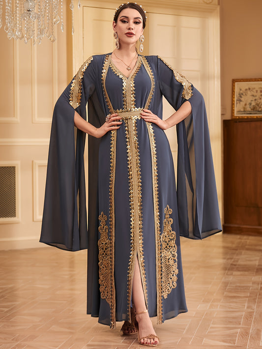 Two-piece Set: Fashion Embroidered Vest with Waist Cincher and Long Skirt + Cardigan with Sequins and Split Long Sleeves Abaya Gown Dress
