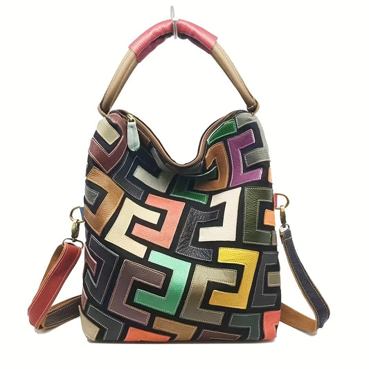 Niche-Designed Luxury Genuine Leather Women's Satchel Bag - Korean-Style Geometric Colored-Thread Stitching, Multi-Color Mix Top-Grain Cowhide Bucket Handbag