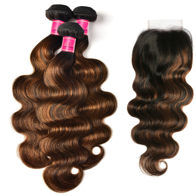 Klaiyi Balayage Honey Blonde Virgin Hair Weaves for Women, Featuring Body Wave with Dark Roots, Sew-In Piano Color, 300G Hair Weaving Plus 1pc Closure