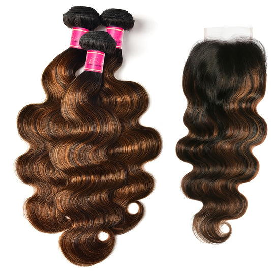 Klaiyi Balayage Honey Blonde Virgin Hair Weaves for Women, Featuring Body Wave with Dark Roots, Sew-In Piano Color, 300G Hair Weaving Plus 1pc Closure