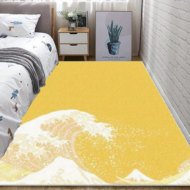 1pc Coastal Area Mat - Lightweight Machine-Washable Mat with Non-Slip Backing, Easy-Clean Floor Mat for Living Room, Bedroom, Bathroom, Kitchen - Modern Coastal Decor in Yellow & White, Durable Indoor/Outdoor Mat for Home, Of