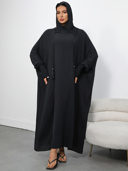Women's Elegant Black Hooded Batwing Sleeve Dress - Loose Fit Long Flowy Turkish Kaftan, Machine Washable Polyester, Plus Size Friendly, Adjustable Drawstring Waist for Ramadan & Casual Wear Abaya
