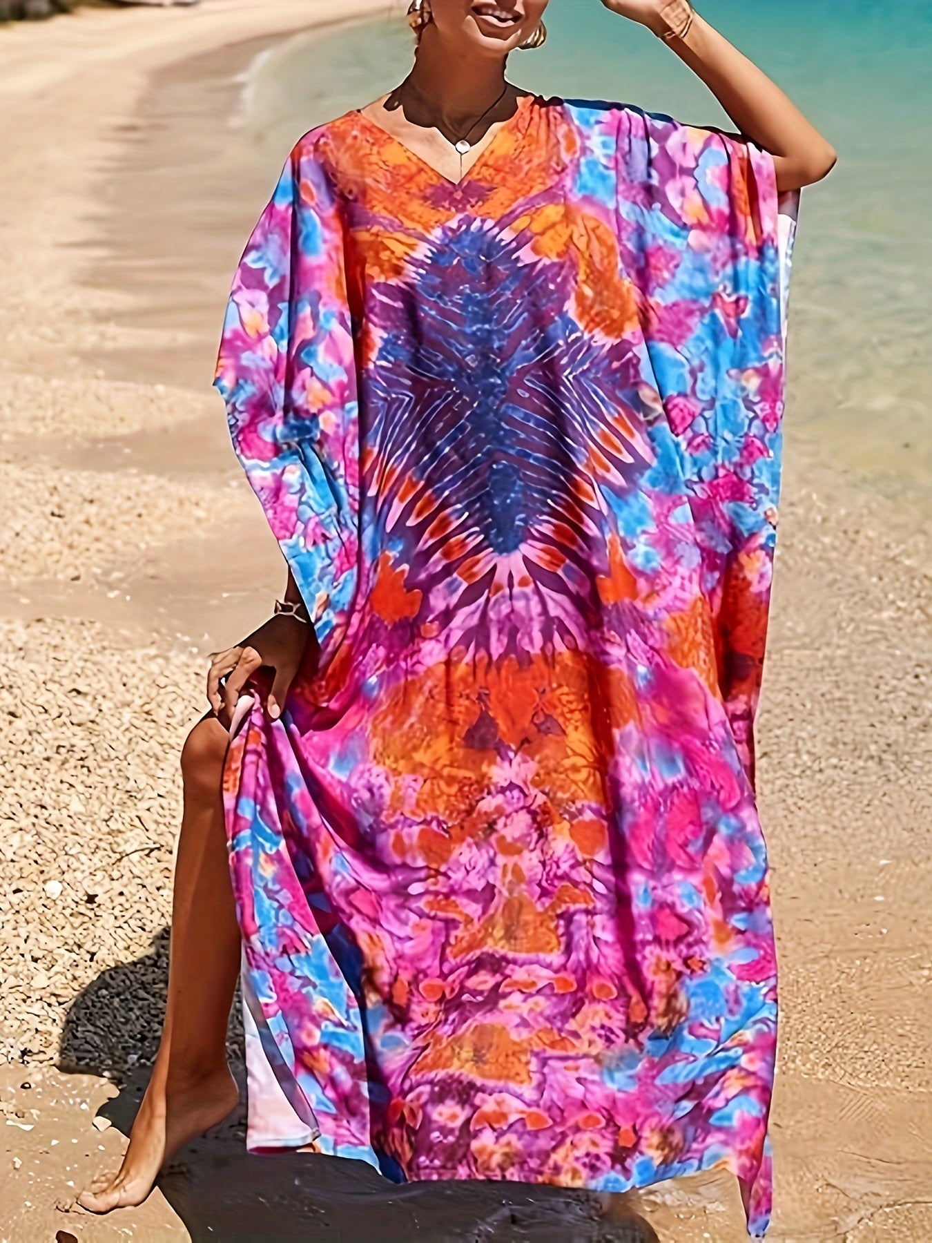 Loose Beach Cover Up Short Sleeve Casual Kaftan Dress For Women Swimsuit Coverup Orange Red