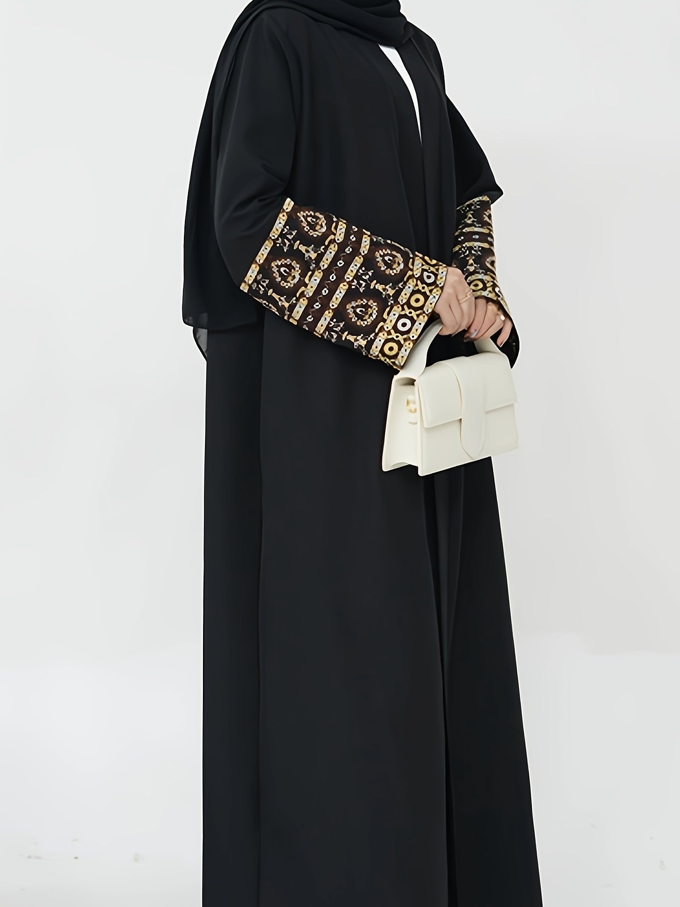 Elegant Middle Eastern Turkish Abaya Robe with Golden Embroidery - Black & White Contrast Traditional Islamic Dress, Machine Washable Lightweight Cover-Up for Spring Summer Fall, Modest Apparel