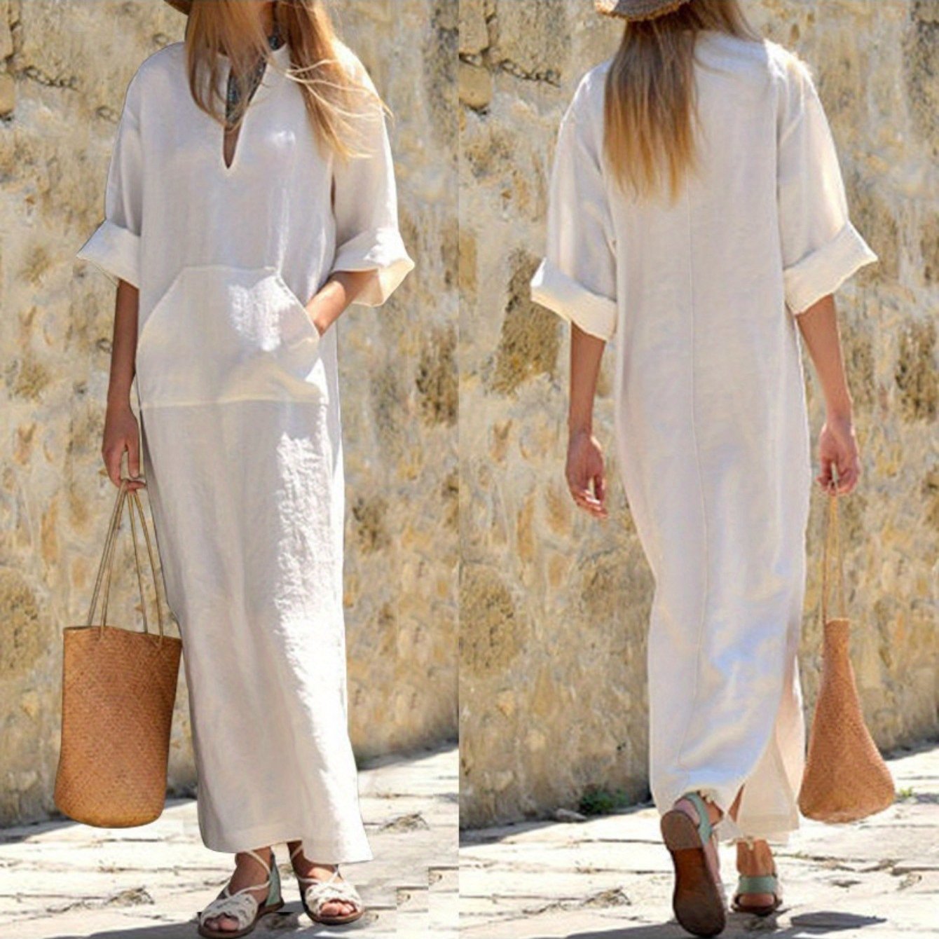 Plus Size, Plus Size Women's Loose V-Neck Kaftan Dress with Pockets - Short Sleeve Midi Split Beach Dress, Casual Summer Dress for Women, Machine Washable