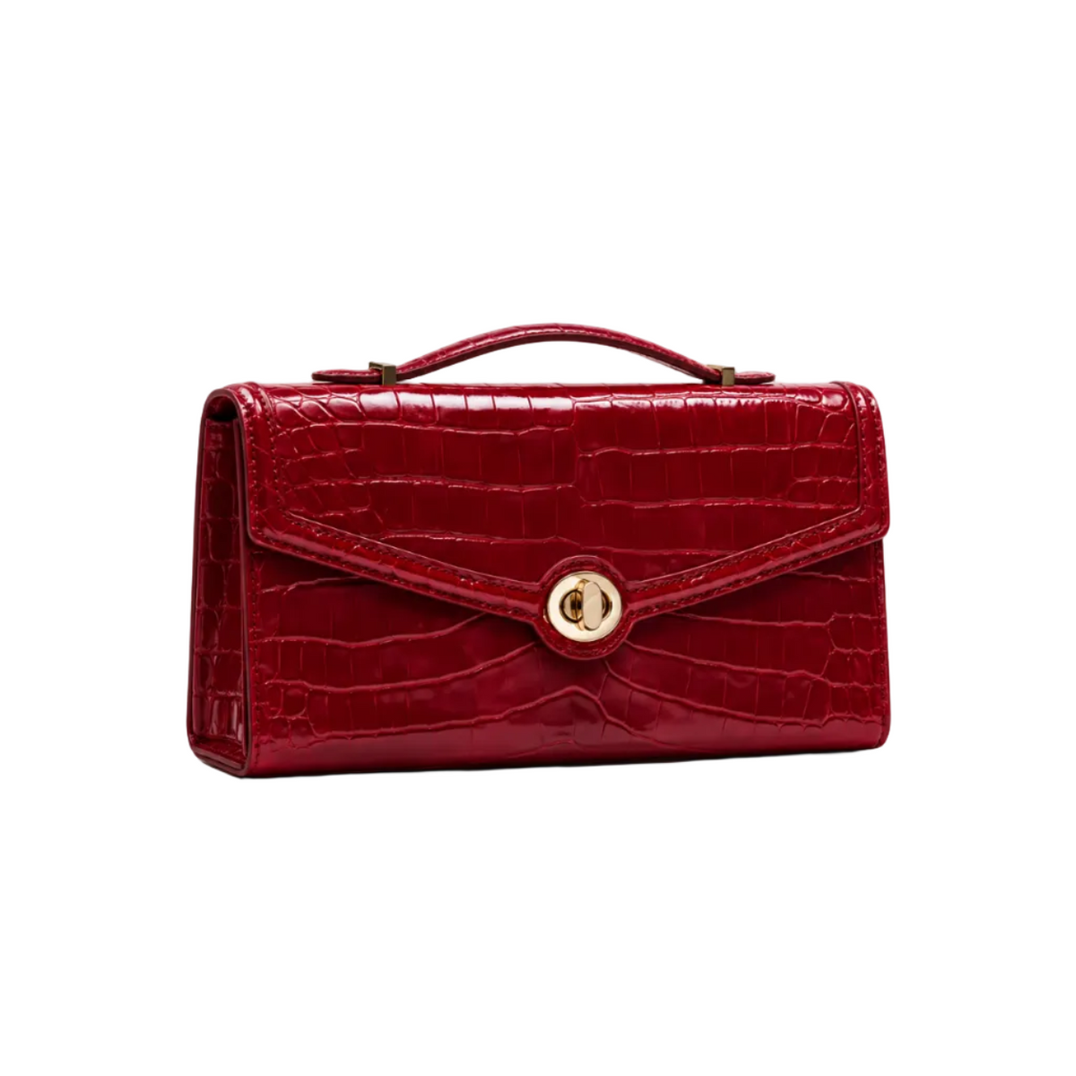 Red Crocodile Embossed Top Handle Clutch