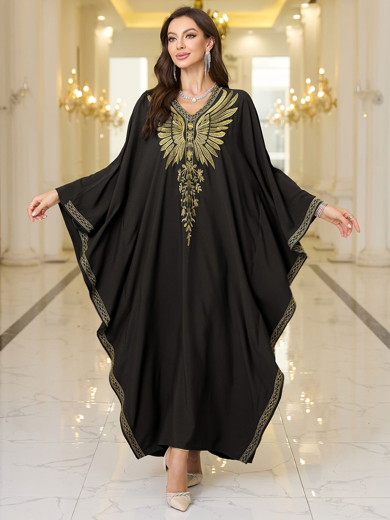 Women's Plus-Size Maxi Dress - Elegant Brown & Golden robe-like gown with Long Batwing Abaya Sleeves, Non-See-Through Formal/Beach/Evening Dress for Women