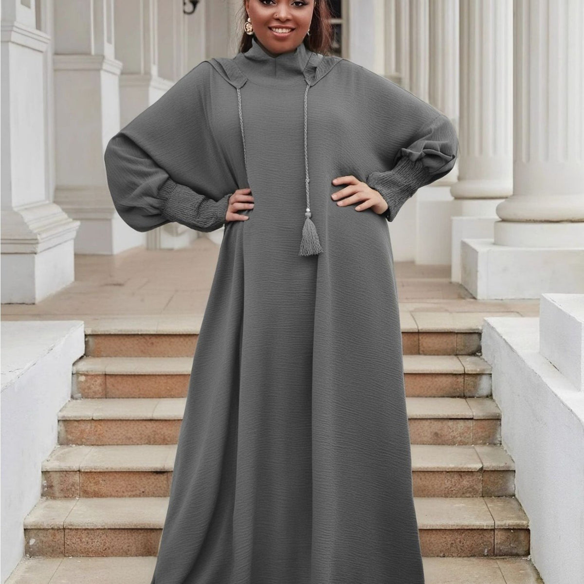 Plus Size Women's Hooded Long Sleeve Abaya - Oversized Loose Fit Solid Color Casual Elegant Gown, Machine Washable All-Season Comfort for Casual Attire, Leisure Outfit