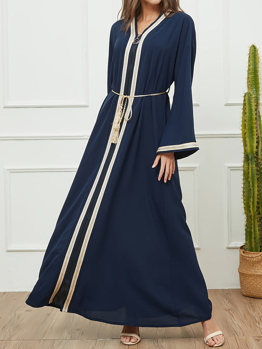 Elegant Middle Eastern Kaftan Arabic Abaya Dress - Long Sleeve Solid Color Traditional Women's Dress with Adjustable Waist Belt, All-Season Modest Wear for Casual & Formal Occasions