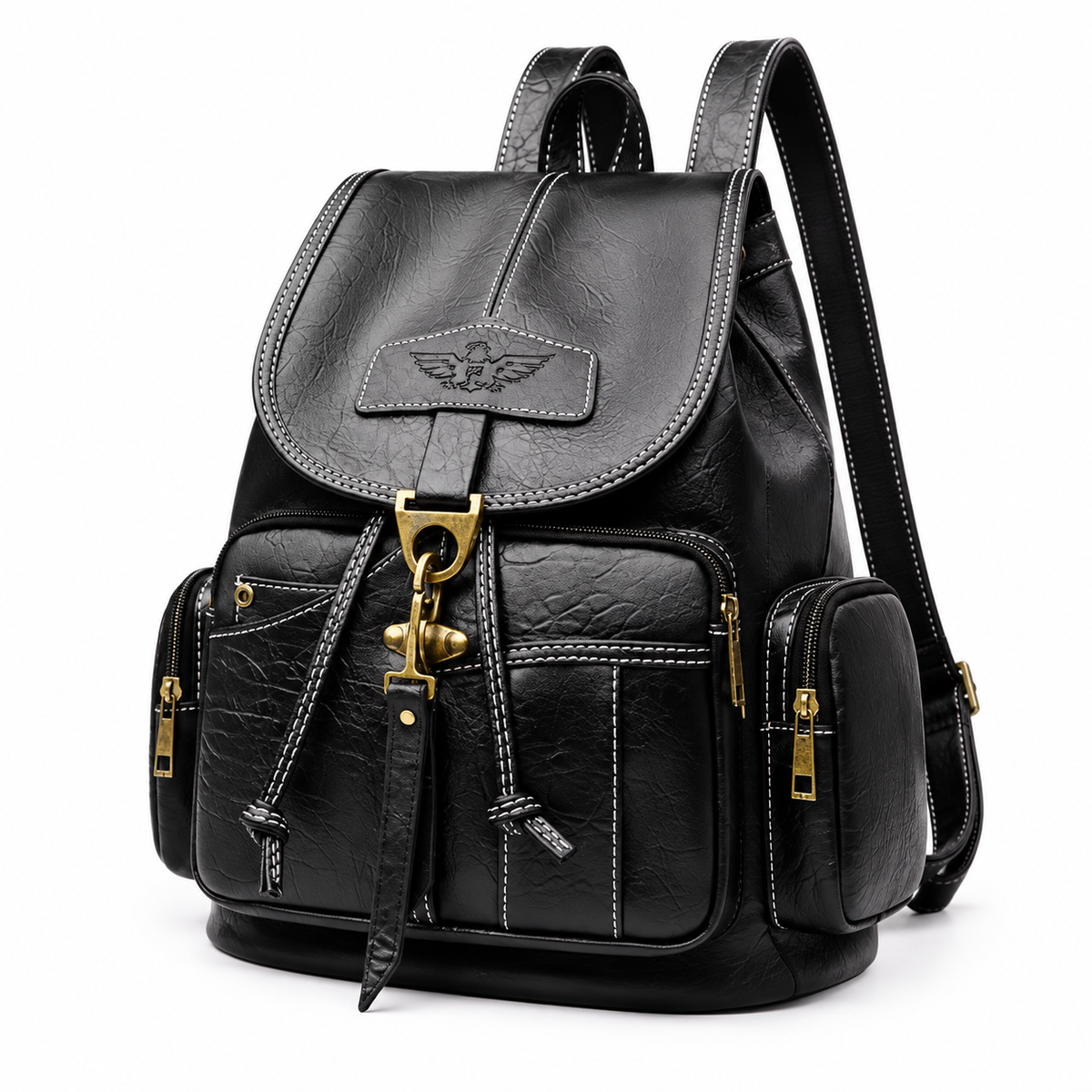 Black Vintage Backpack With Brass Details