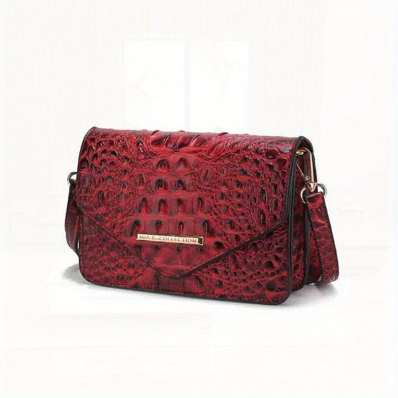 Saddle Croc-Embossed Leather Crossbody Shoulder Bag - Top-Grain Genuine Leather, Detachable Strap, Zipper Closure