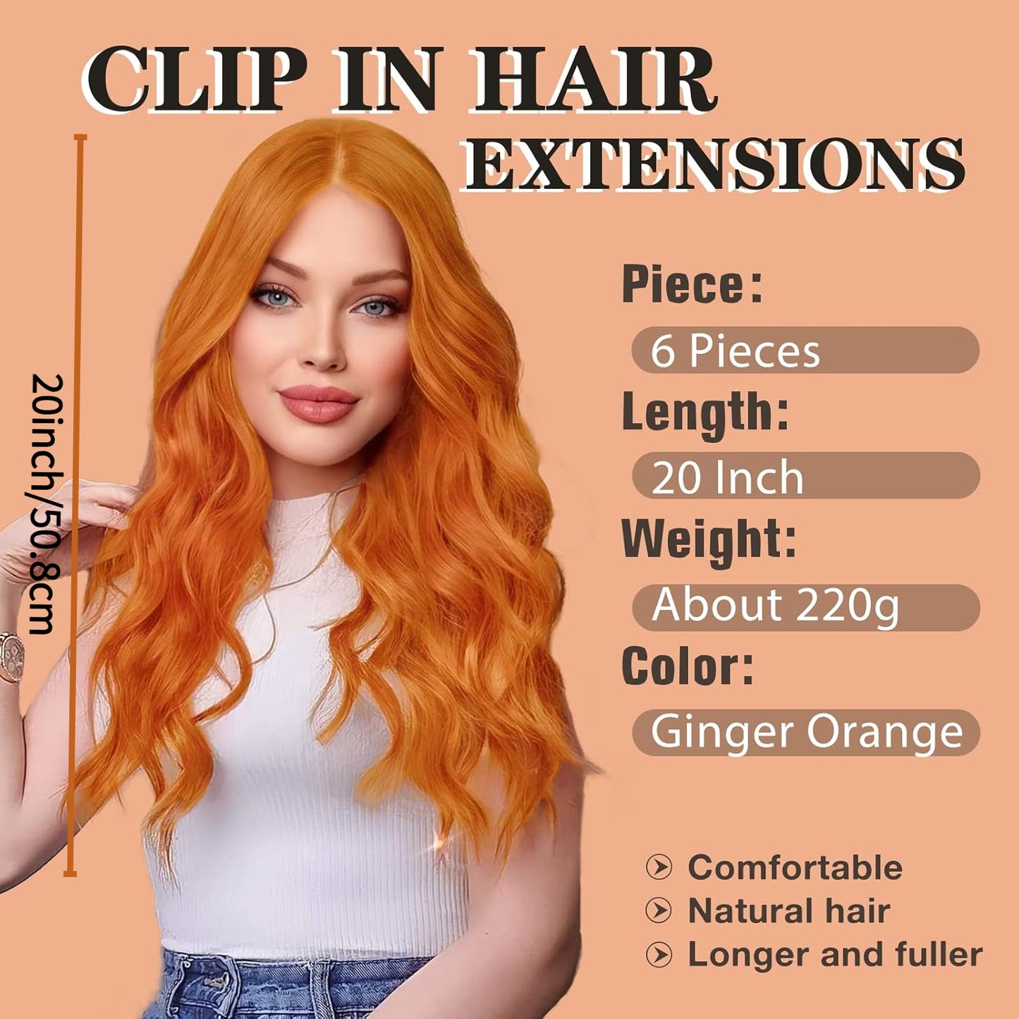 Clip in Hair Extensions for Women 20 Inch Long Wavy Curly Ginger Orange Hairpieces Full Head Synthetic Hair Hairpieces