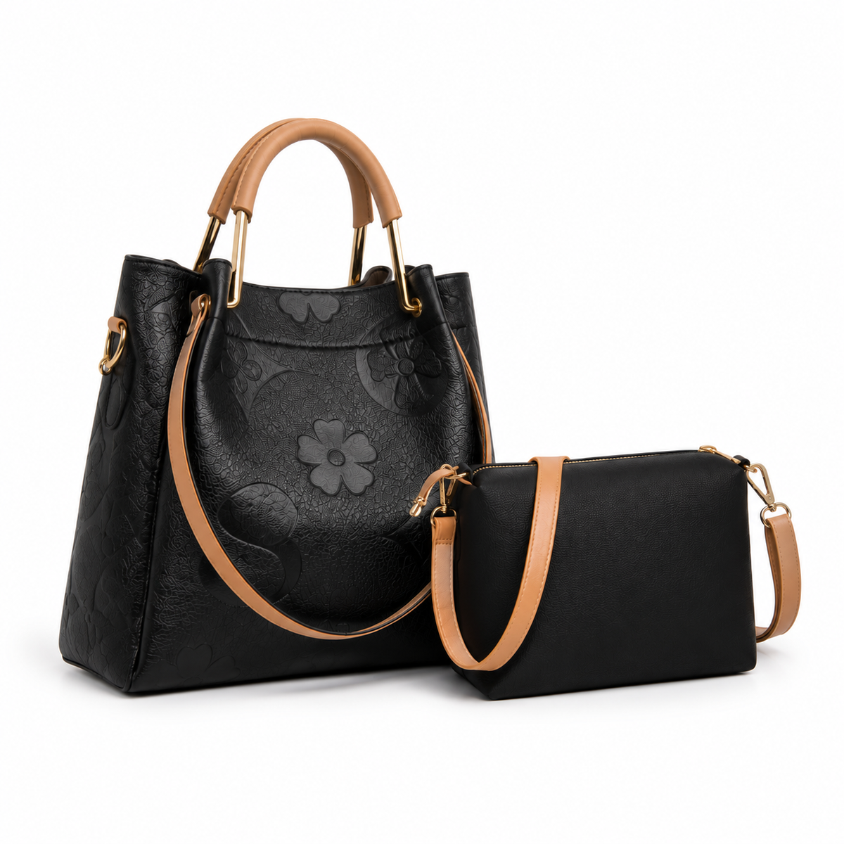 Black Embossed Tote Crossbody Handbag Set