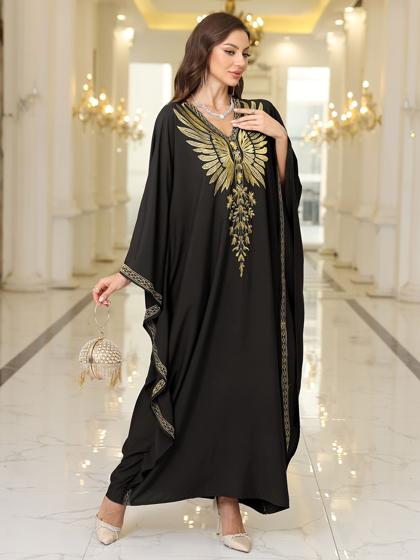 Women's Plus-Size Maxi Dress - Elegant Brown & Golden robe-like gown with Long Batwing Abaya Sleeves, Non-See-Through Formal/Beach/Evening Dress for Women