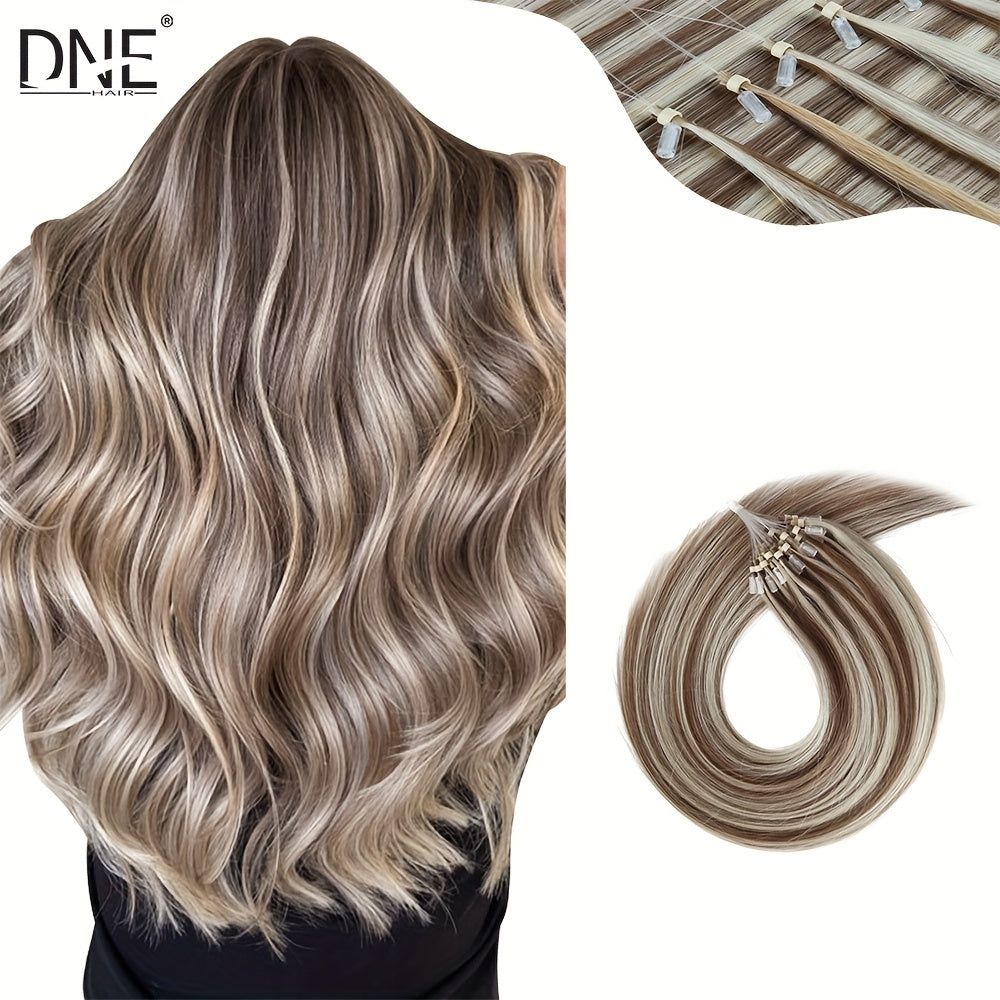 50 Strands of DNE Hair Microlink Human Hair Extensions Ranging from 14 to 24 Inches in Light Brown And Blonde, Featuring Straight Hair with Cold Fusion Micro Loop Invisible Seamless Bead Extensions Designed for Women. Made fr