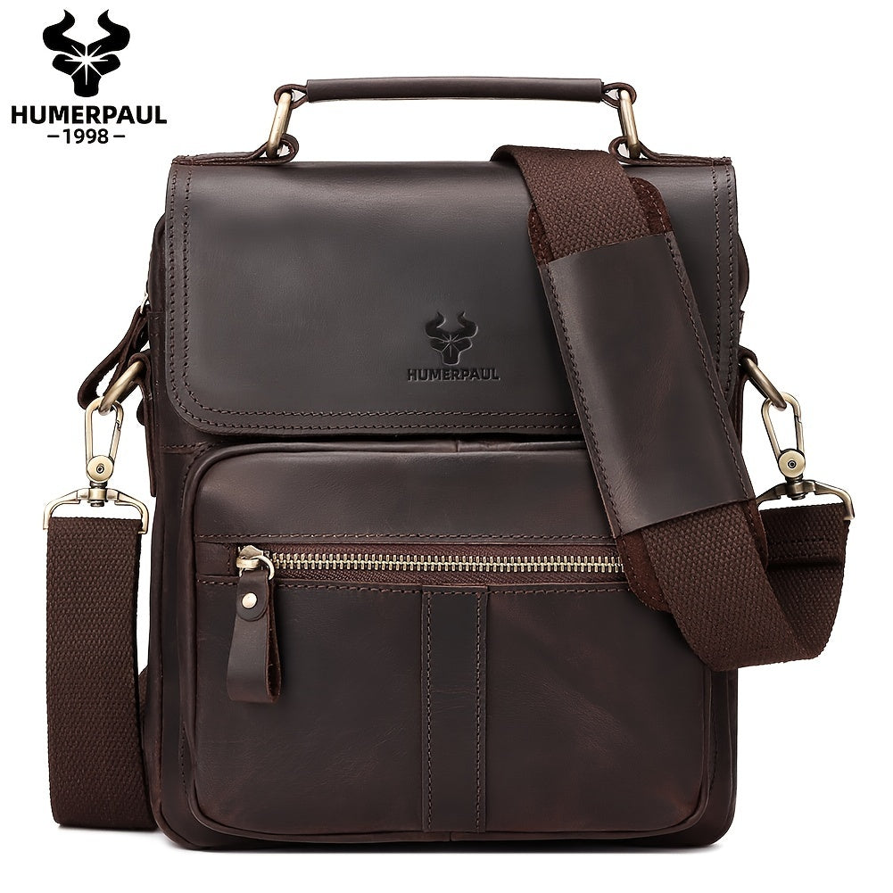 Men's Genuine Crazy Horse Leather Crossbody Bag - Adjustable Shoulder Strap, Multiple Compartments, Black Messenger Bag for Outdoor Travel & Business