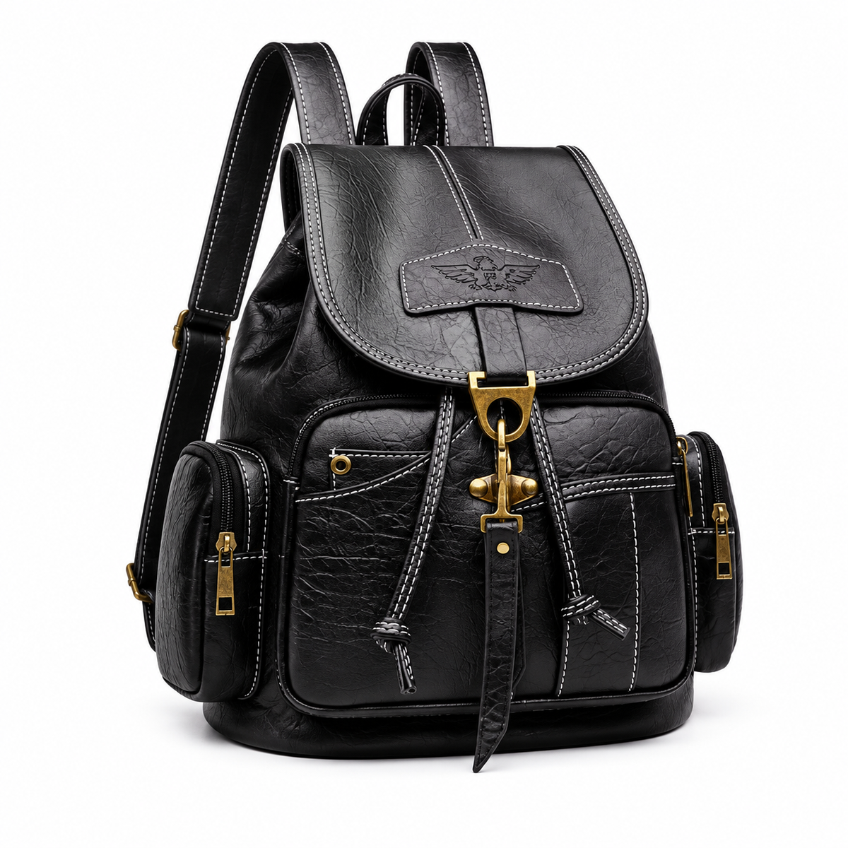 Black Vintage Backpack With Brass Details