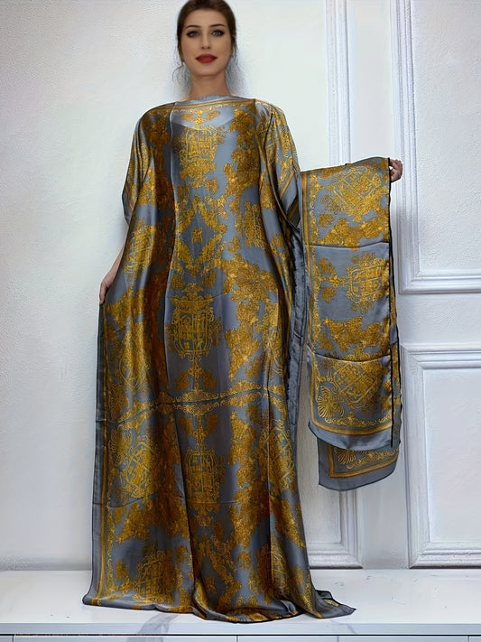 Lightweight Polyester Women's Kaftan Abaya Dress | Golden Floral Print Batwing Sleeve Loose Fit Maxi Dress, Middle Eastern-Inspired Spring Summer Fall Casual to Formal Wear with Scarf