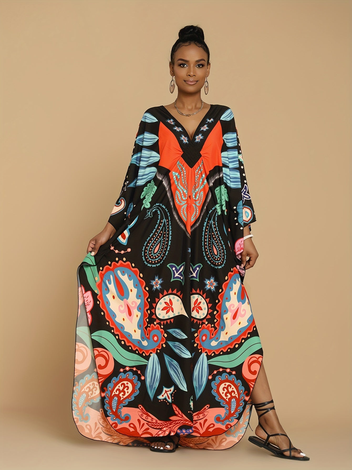 Vibrant Bohemian Kaftan Dress - Four-Sided Elastic V-Neck, Bat Sleeves, Beach Cover-Up