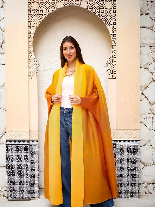 Plus Size - Women's Plus Size Yellow Abaya with Geometric Print - Loose Fit, Long Sleeve, Open Front, Wide Leg, Casual & Versatile for Spring/Summer/Fall, Casual Wear Abaya