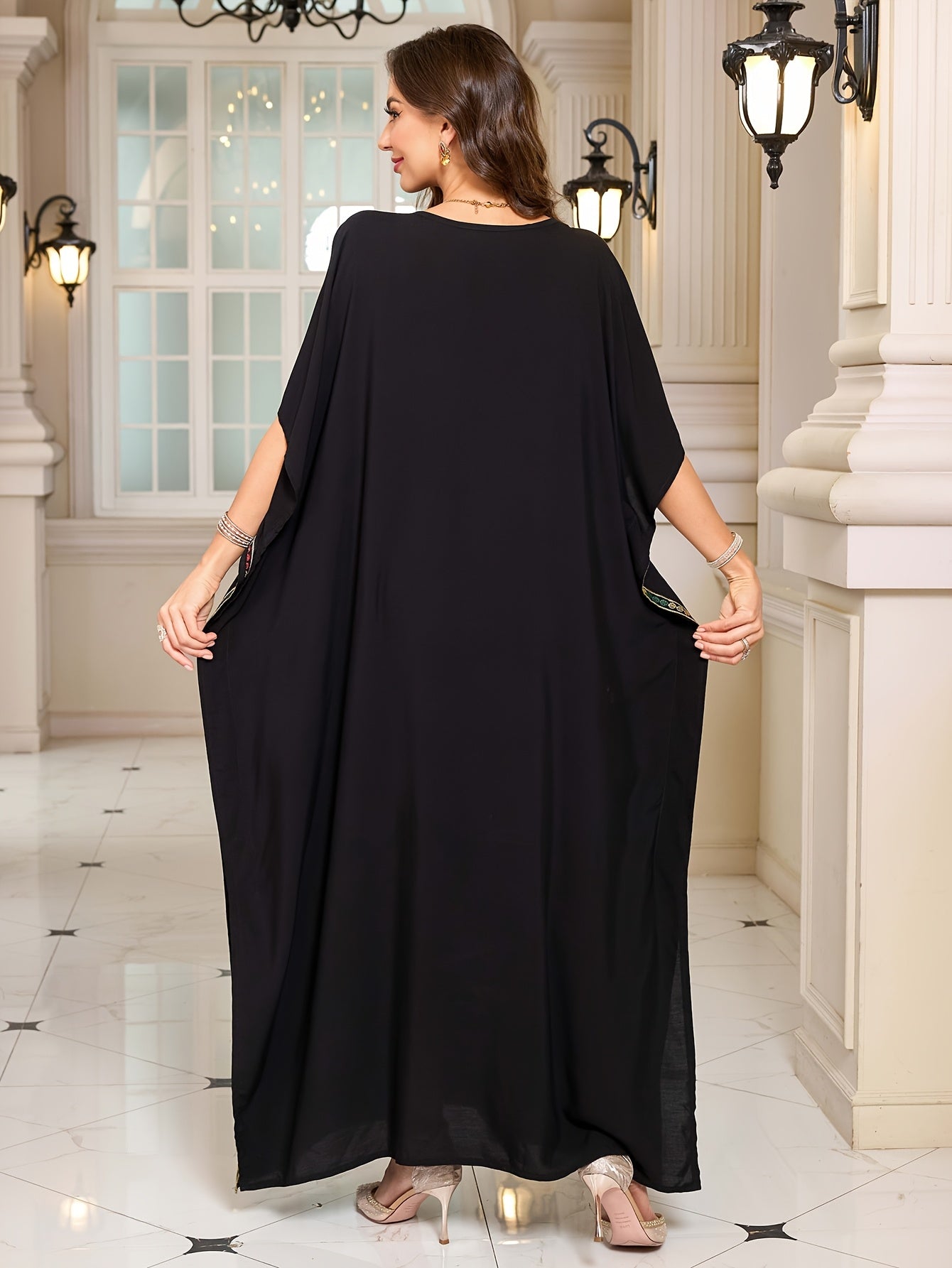 EDOLYNSA Sexy V-Neck Black Retro Colorful Embroidered Batwing Sleeve Elegant Dress Middle Eastern Fashion Loose Kaftan Long Robe Q1865