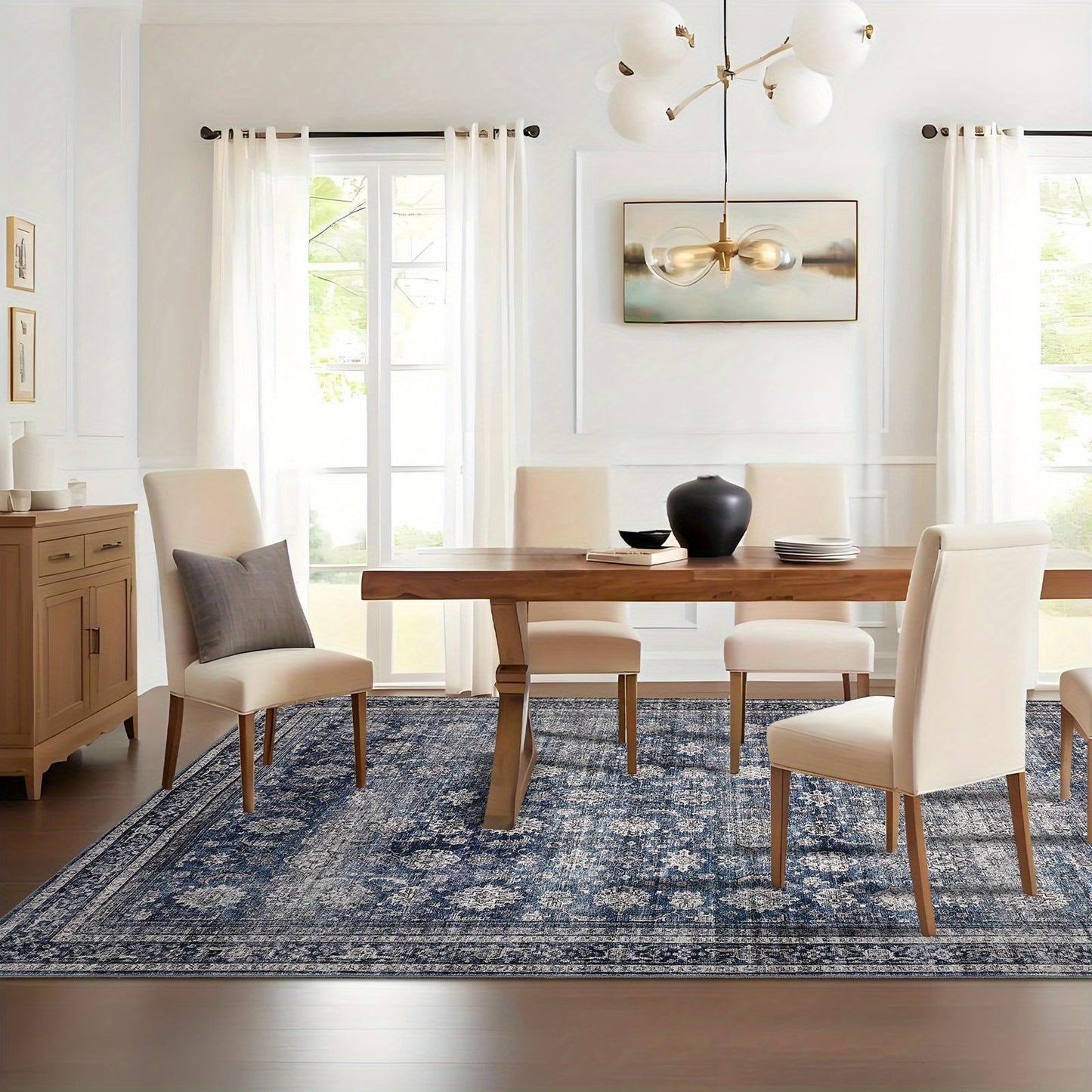 Large 10x13ft Oriental Floral Print Area Mat - Non-Shedding Low Pile Mat, Blue & Brown Beige Traditional Floor Mat for Living Room, Dining Room, Office - Machine Washable Soft Durable Mat with Elegant Floral Medallion Design
