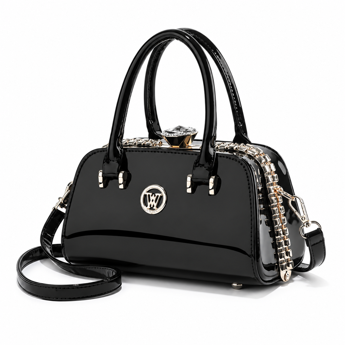 Elegant Black Glossy Handbag With Strap