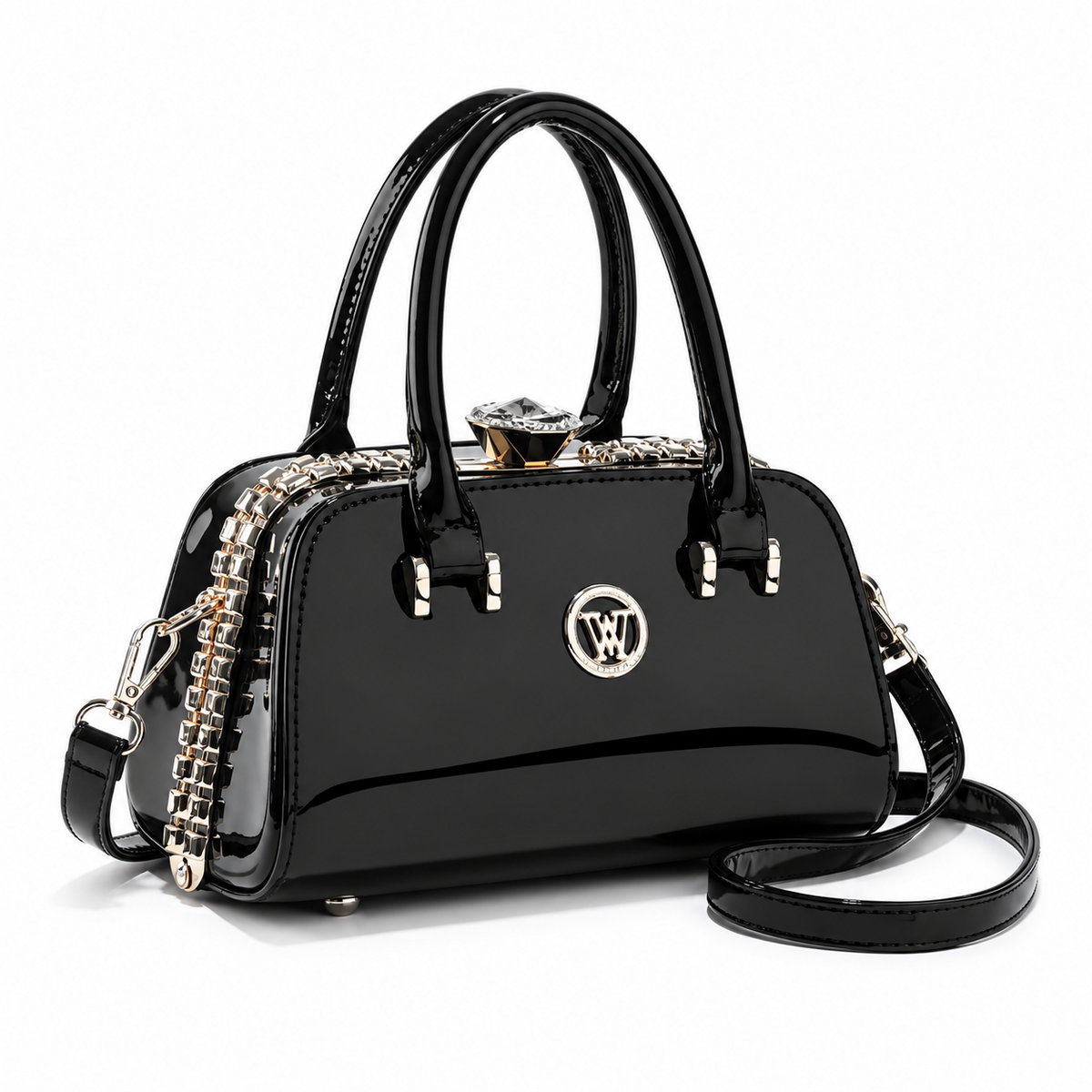 Elegant Black Glossy Handbag With Strap