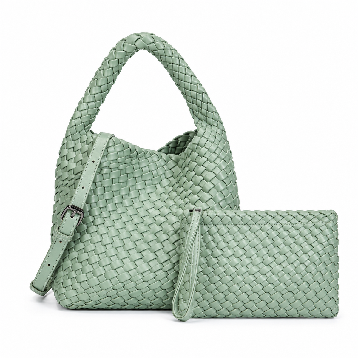 Sage Green Woven Hobo Bag With Pouch