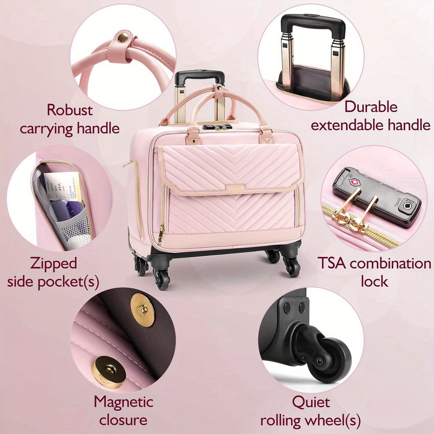 Rolling Briefcase for Women with 4 Spinner Wheels and Telescopic Extendable Handle, Leather Laptop Bag with Wheels, Roller Computer Bag for Work Travel Carry On Luggage