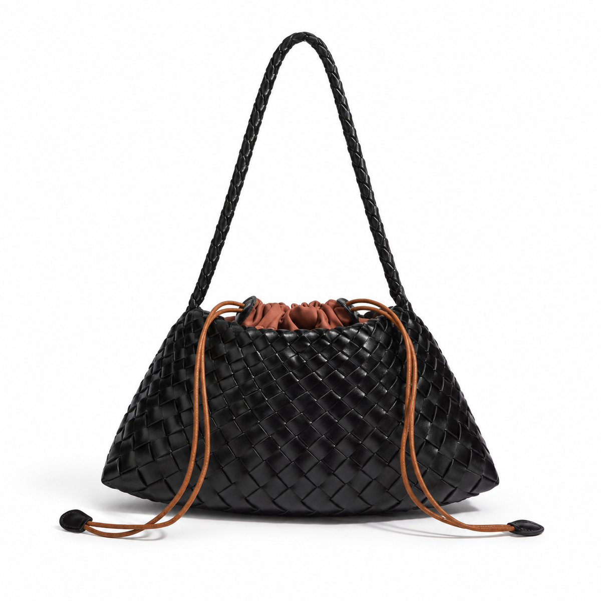 Elegant Black Woven Drawstring Shoulder Bag