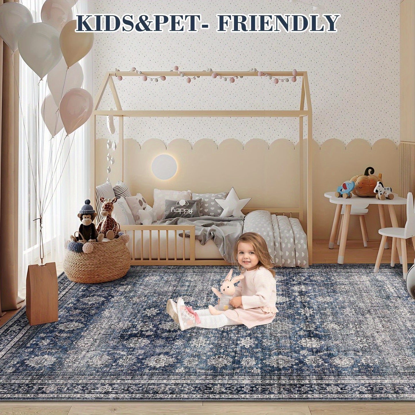 Large 10x13ft Oriental Floral Print Area Mat - Non-Shedding Low Pile Mat, Blue & Brown Beige Traditional Floor Mat for Living Room, Dining Room, Office - Machine Washable Soft Durable Mat with Elegant Floral Medallion Design