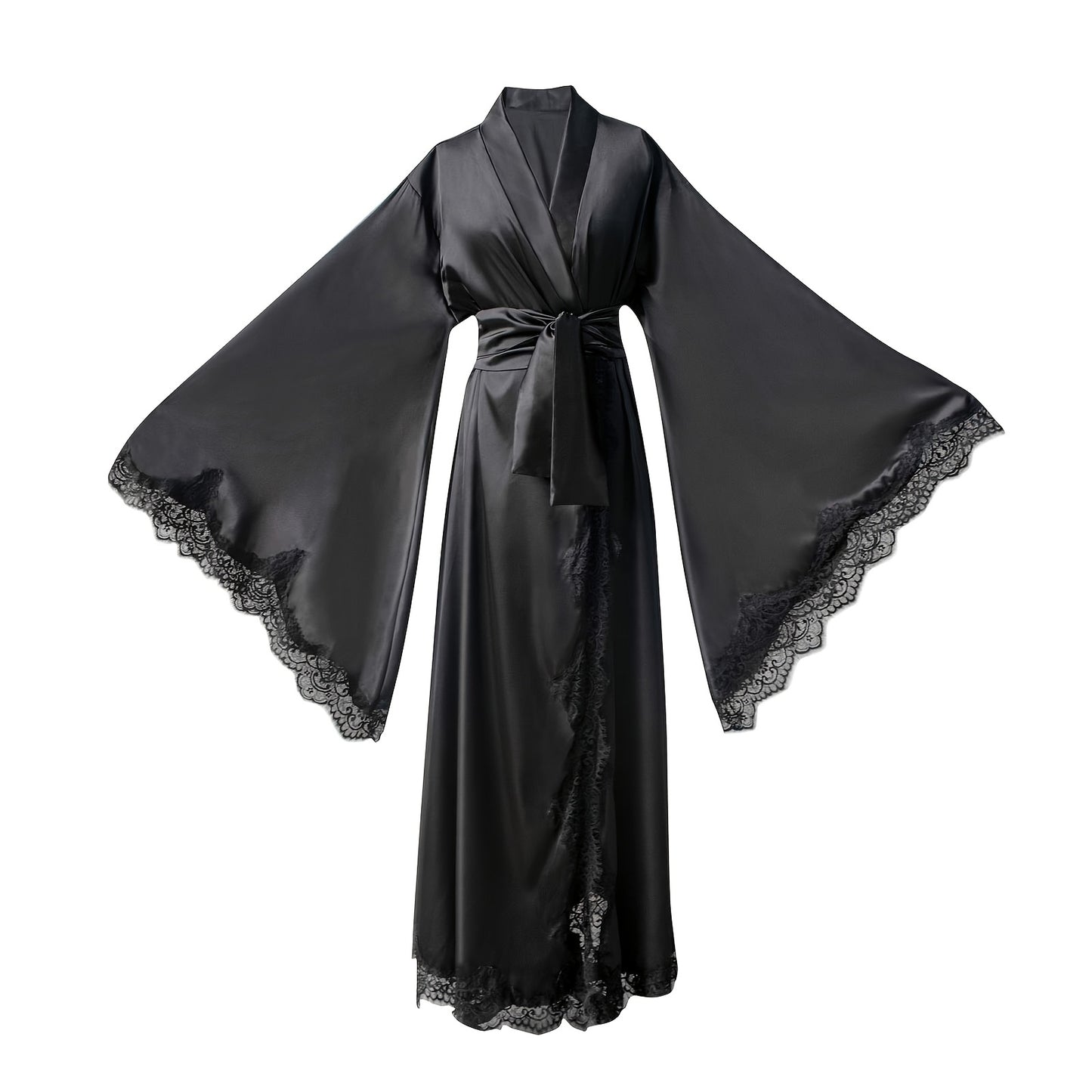 Women's Black Satin Robe - Elegant Long Lace Kimono, Lightweight Bridal Sleepwear for Wedding Day, Polyester, Contrast Lace Detail, Bride Lingerie