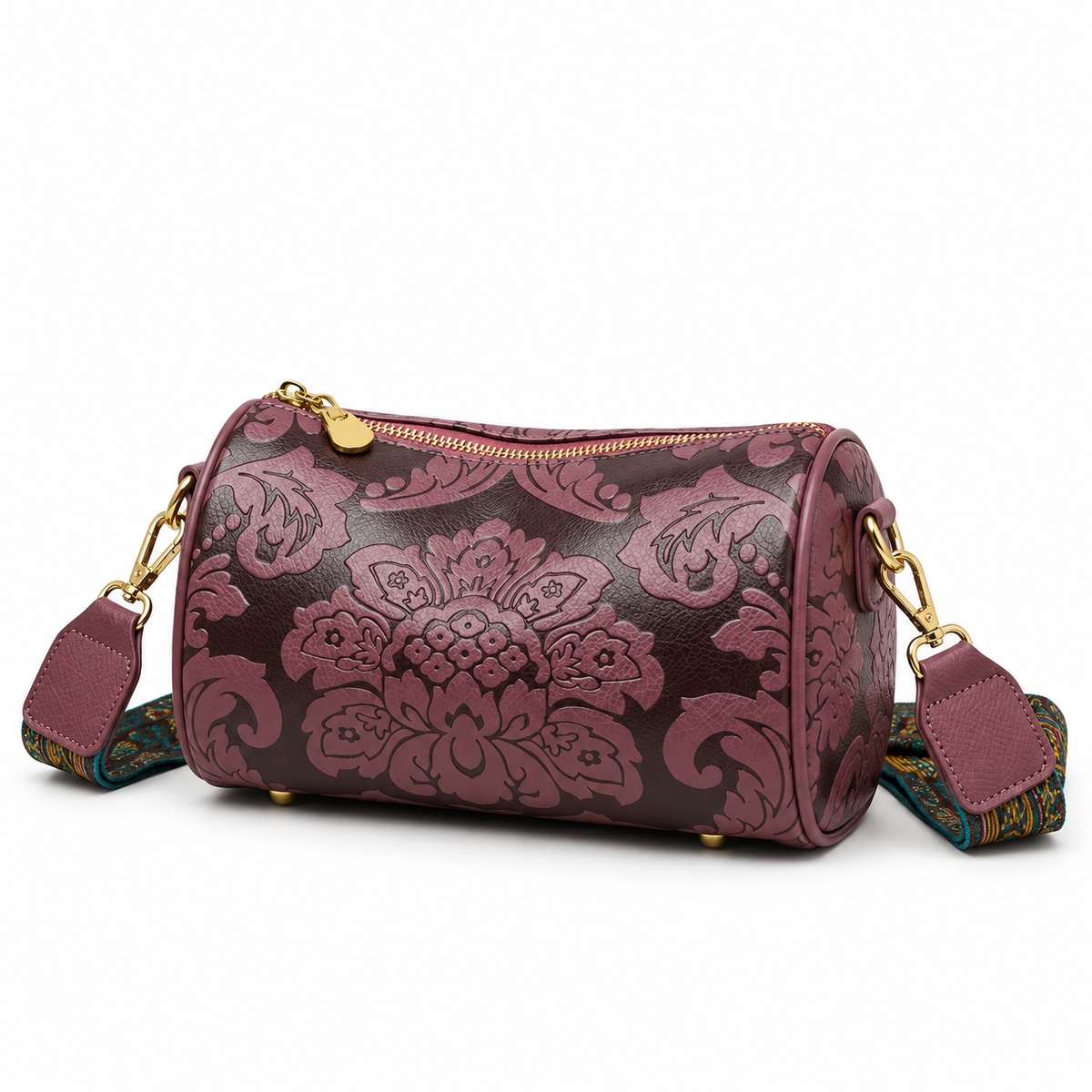 Vintage Floral Damask Barrel Crossbody Bag