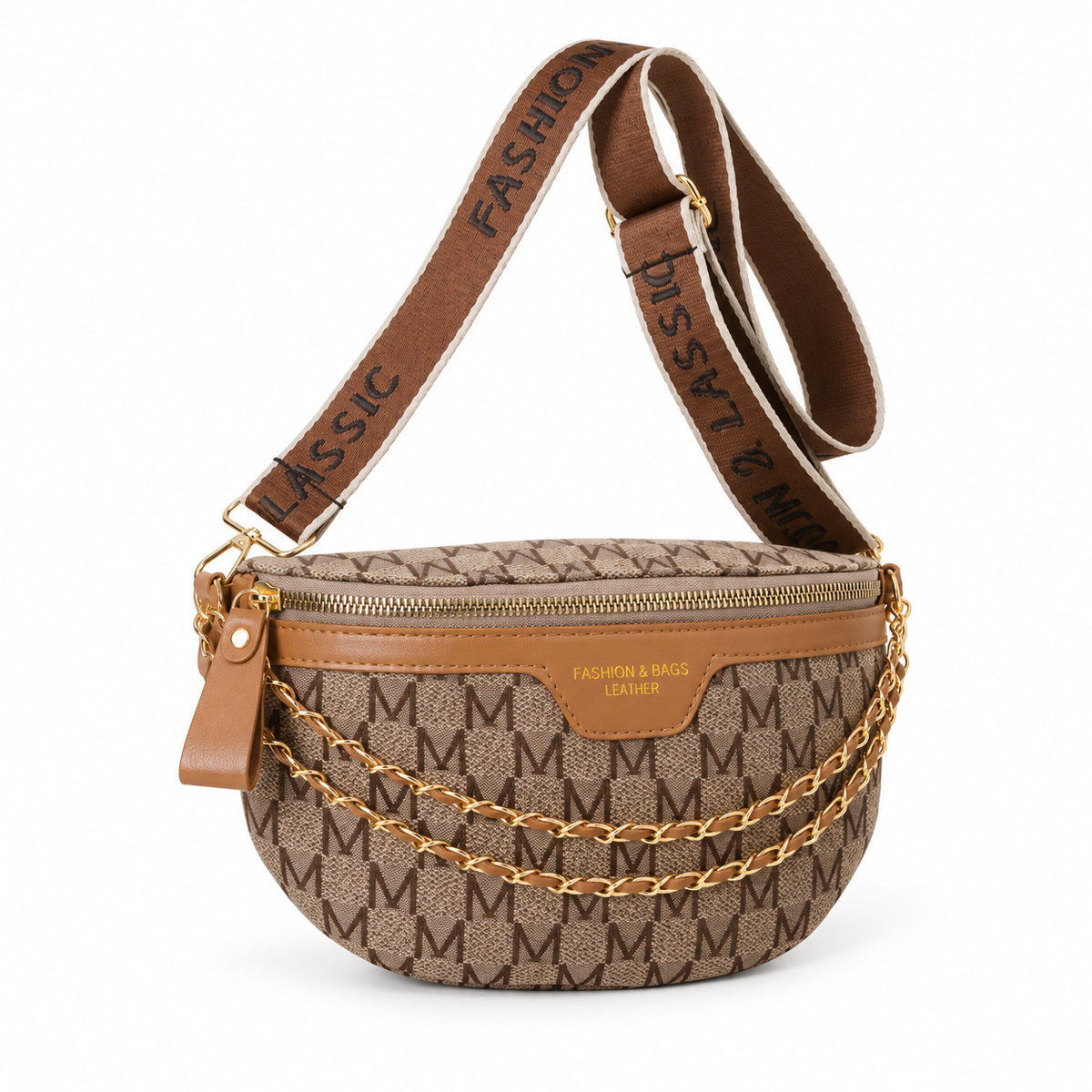 Brown Monogram Crossbody Bag With Chains