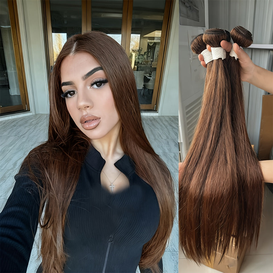 3 Bundles Straight Wave Virgin Human Hair Weave Extensions With 4x4 Lace Closure, 13×4 Lace Frontal, 100% Unprocessed Brazilian Hair, Dark Auburn Color, Soft & Tangle-Free, Versatile Hair Styling | Contemporary Style
