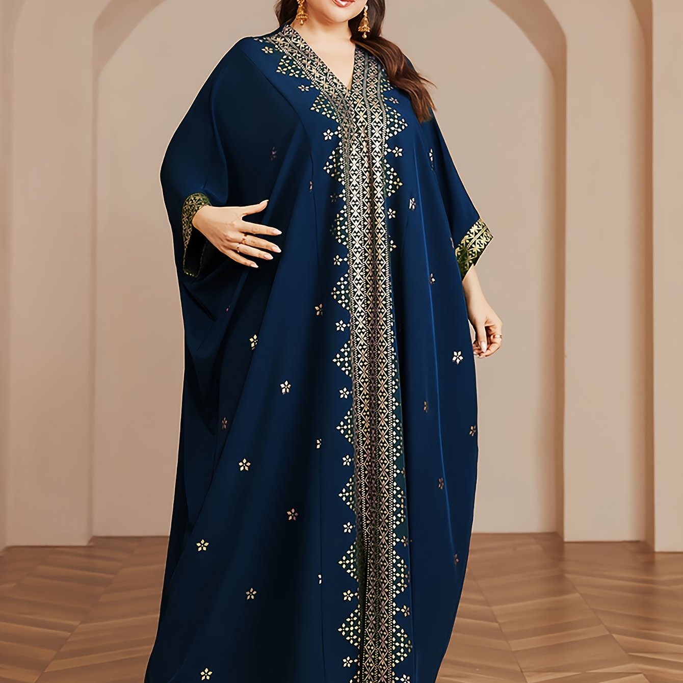 Polyester Long Kaftan | V-Neck Tribal Pattern Woven Non-Stretch, Middle East Golden Tassel, Batwing Sleeve Abaya, Plus Size, All Season