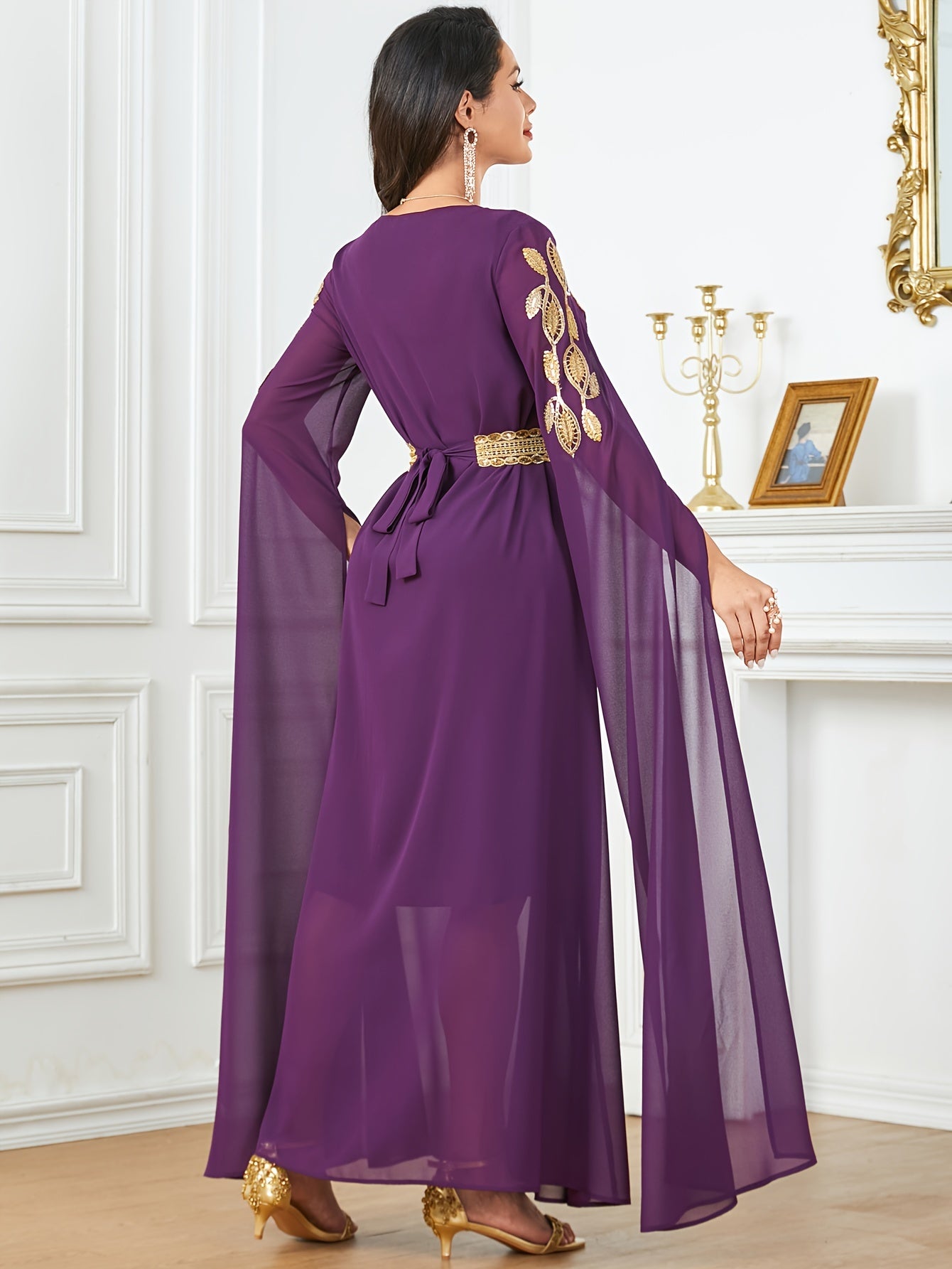 Embroidered V-Neck Abaya Dress, Elegant Cape Sleeve Maxi Dress, Women's Clothing