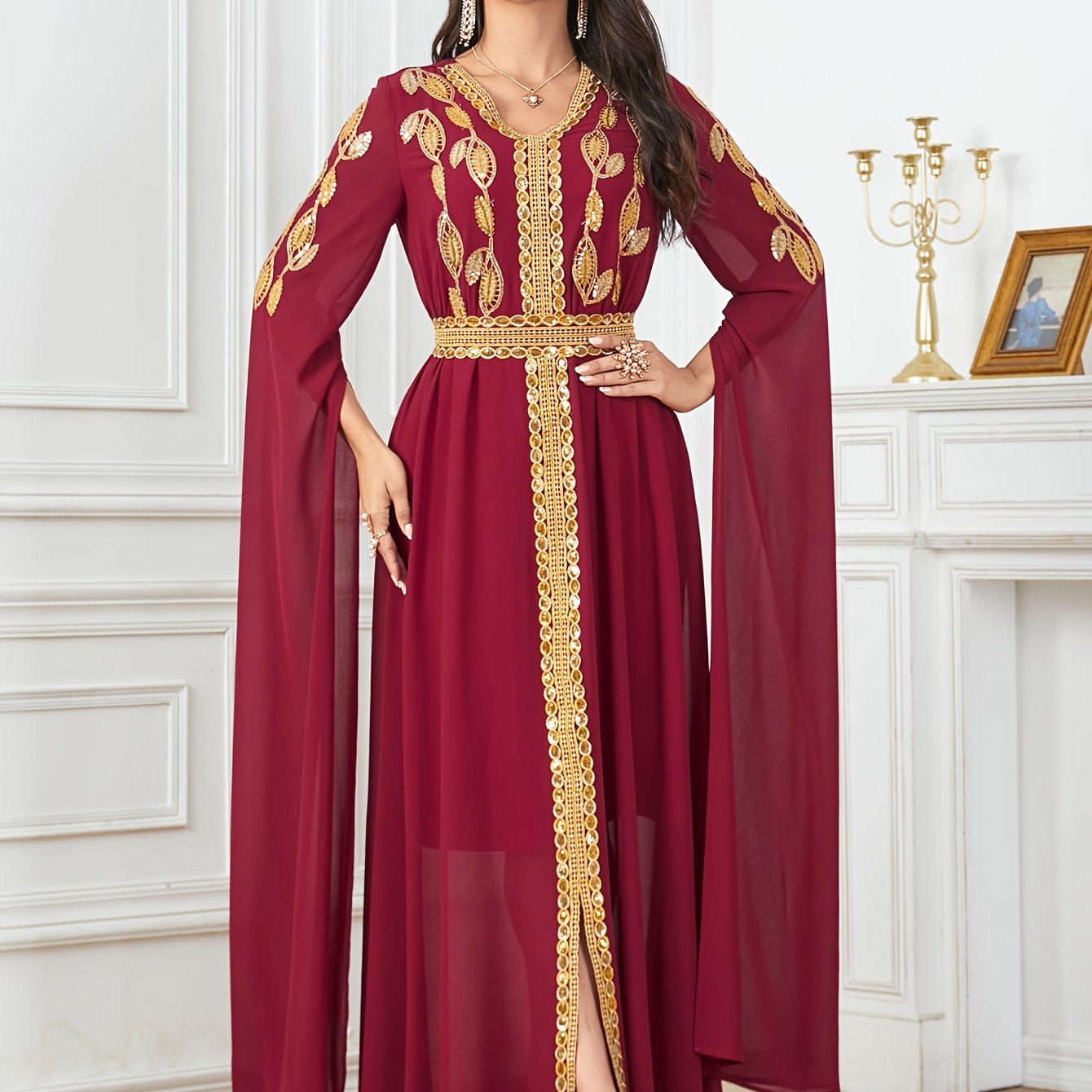 Embroidered V-Neck Abaya Dress, Elegant Cape Sleeve Maxi Dress, Women's Clothing