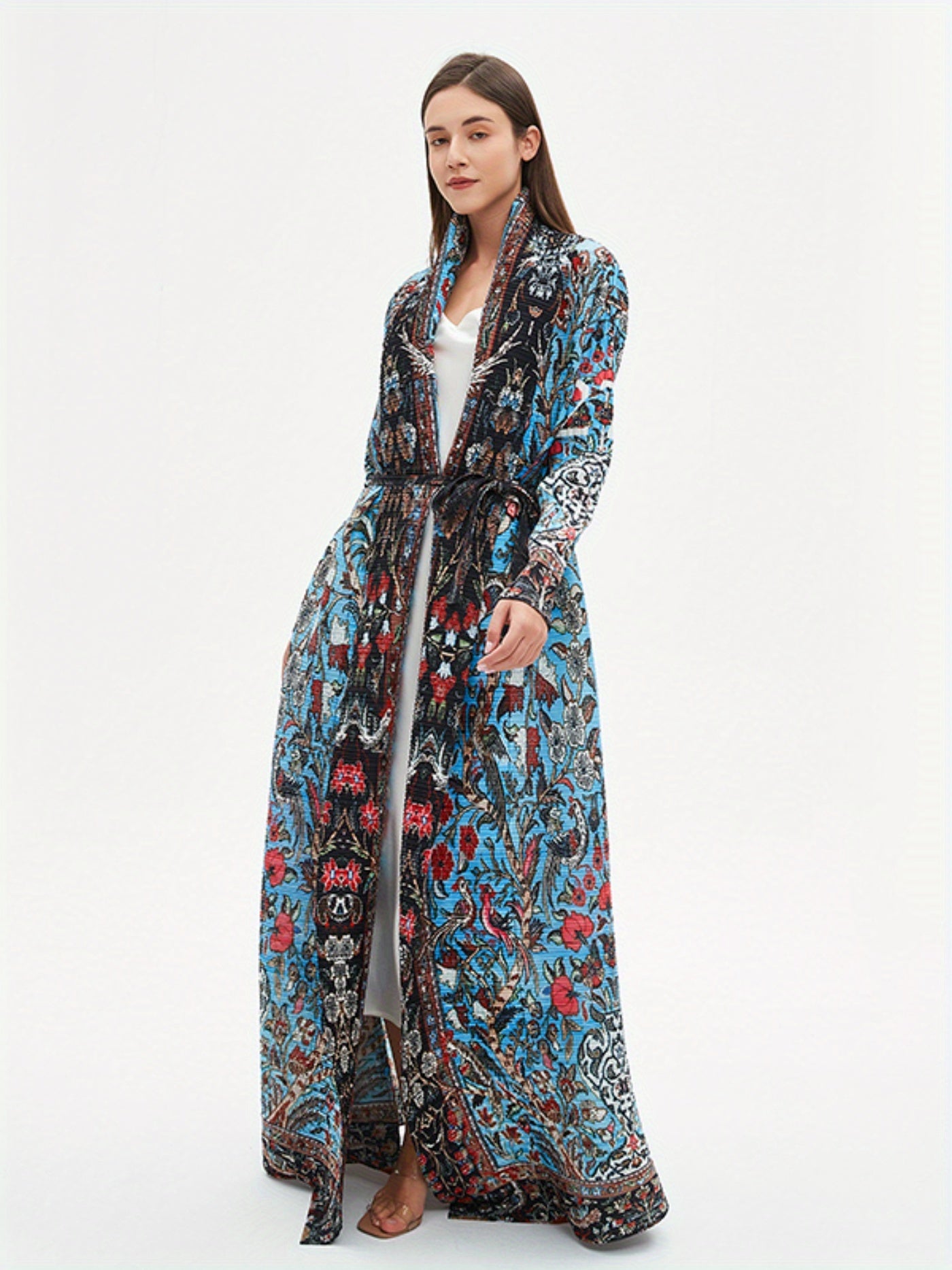 Elegant Middle Eastern-Inspired Geometric Print Abaya Dress with Intricate Embroidery - Lightweight Polyester, High Elasticity, Sun Protection, Perfect for Spring/Summer/Fall
