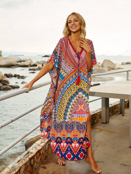Plus Size, Plus Size Beach Cover Up Maxi Dress - Quick-Dry Sun Protective Swimsuit Kaftan with Side Slits, Lightweight Loose Fit Vacation Dress for Pool Party & Tropical Resort