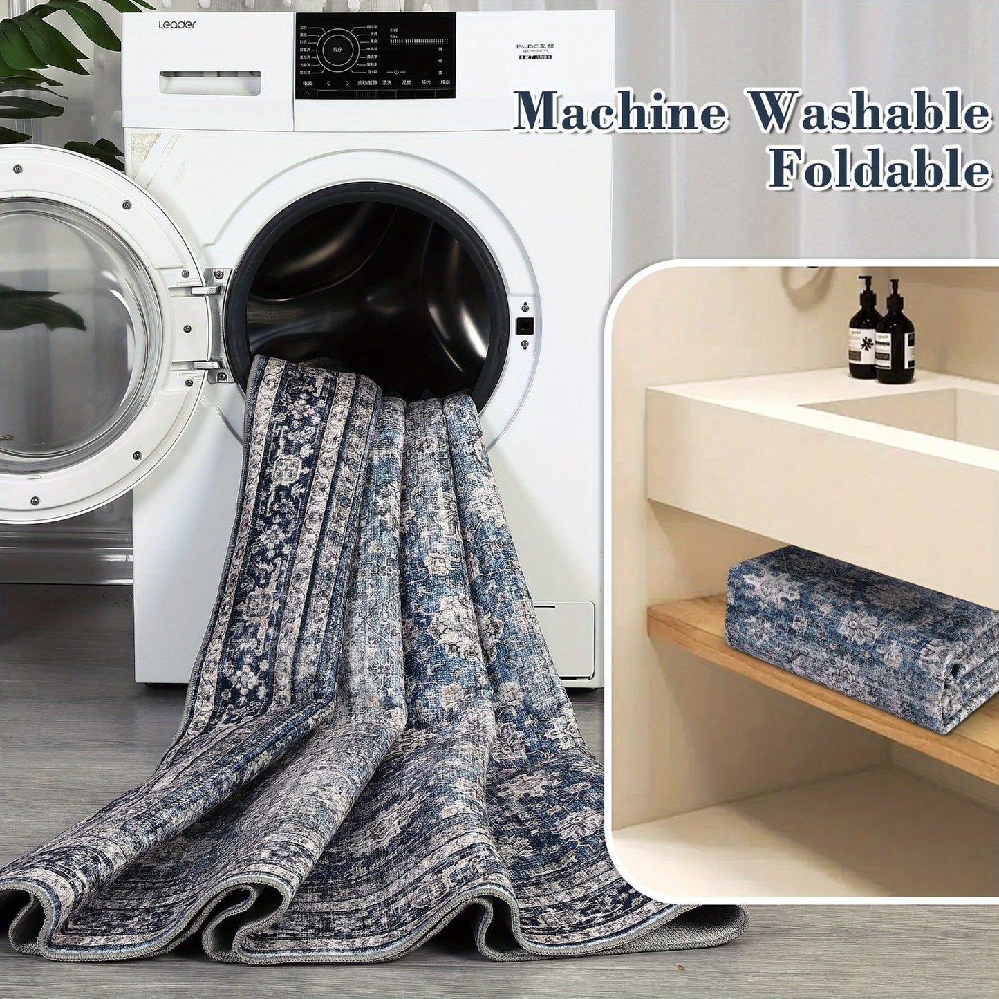 Large 10x13ft Oriental Floral Print Area Mat - Non-Shedding Low Pile Mat, Blue & Brown Beige Traditional Floor Mat for Living Room, Dining Room, Office - Machine Washable Soft Durable Mat with Elegant Floral Medallion Design