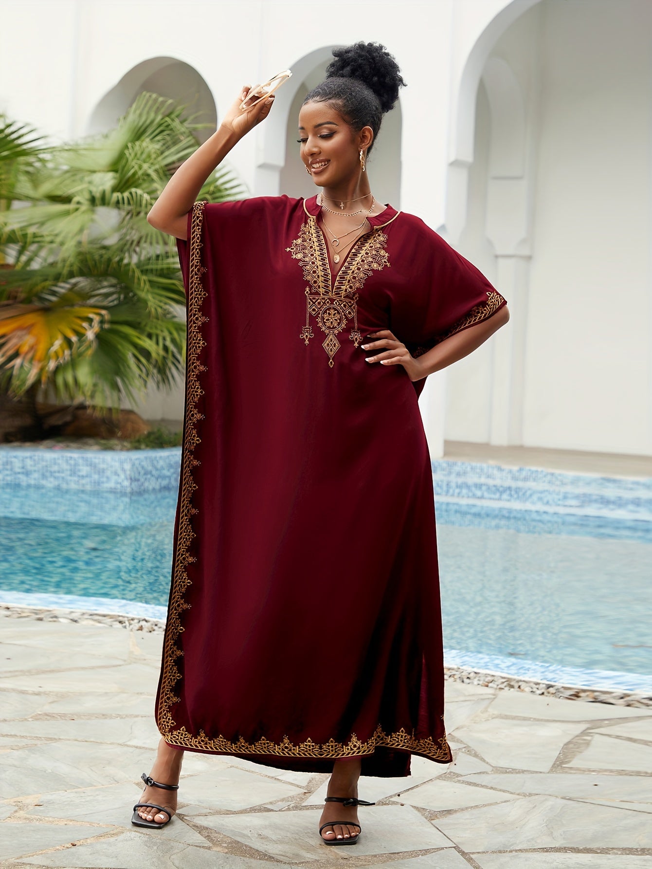 Batwing Sleeve House Kaftan Dress | Embroidery Batwing Sleeve House Kaftan Dress
