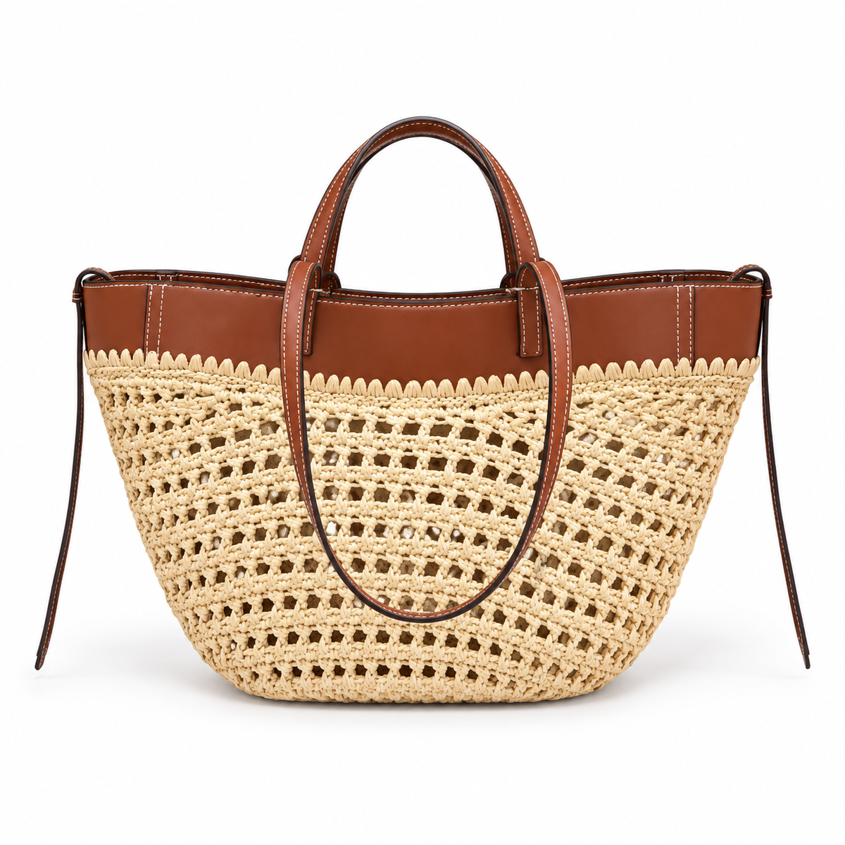 Beige Woven Crochet Tote With Brown Straps