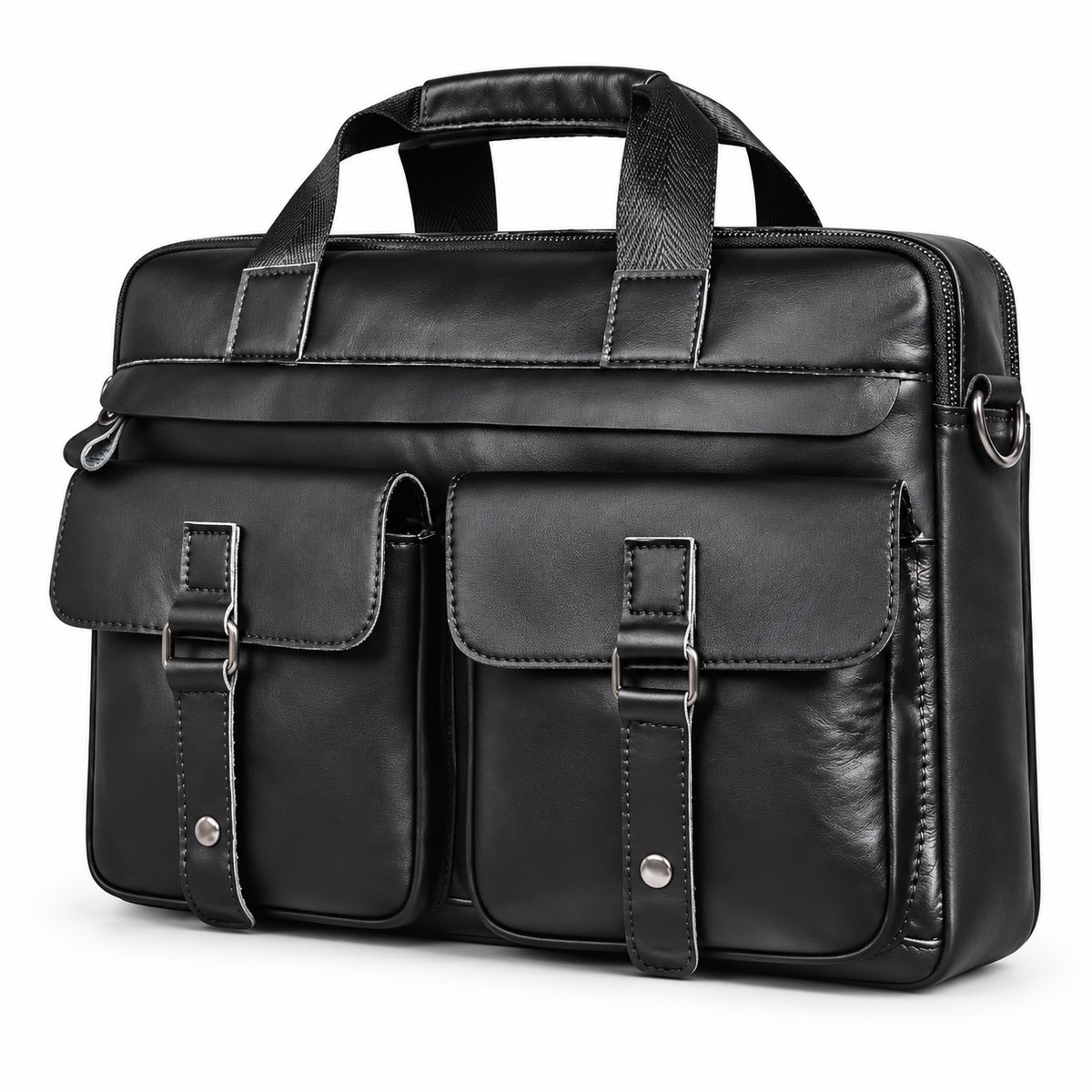 Classic Black Leather Briefcase With Pockets