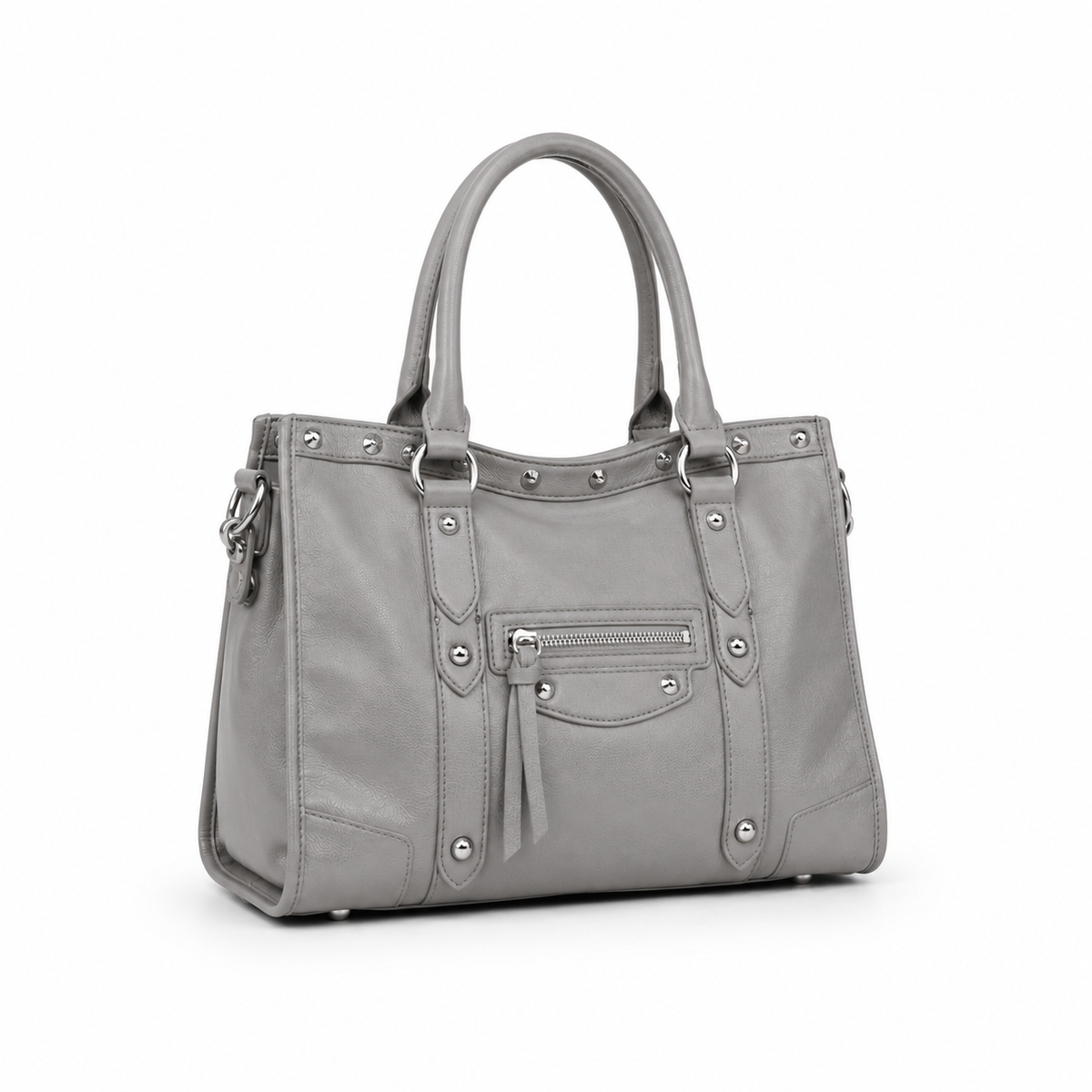 Grey Studded Leather-Style Structured Handbag